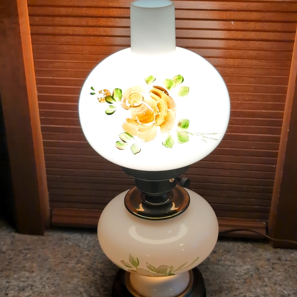 Vintage 3 Way Hand Painted Floral White Glass Lantern Lamp with Brass Ac…
